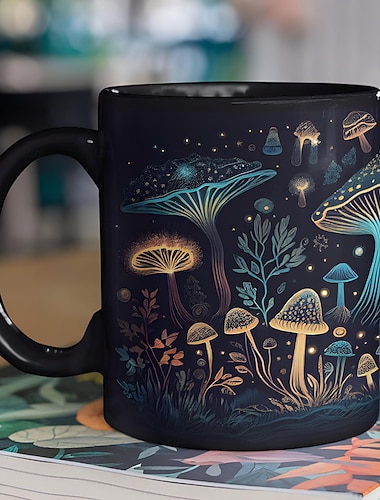  caneca de cogumelo mágico, caneca de cogumelo, xícara de café de cogumelo preto, canecas de café inovadoras, presentes fofos de cogumelos bioluminescentes, presentes para amantes de cogumelos