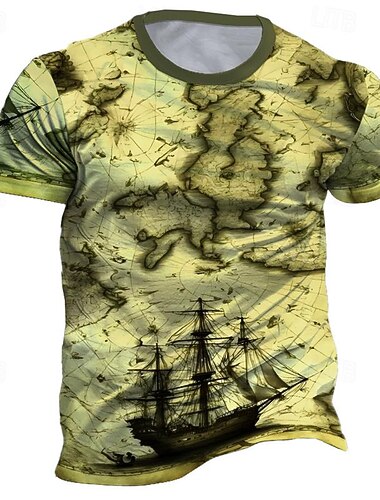  Men's Graphic Map Sailboat T Shirt Short Sleeve T shirt 3D Print Crew Neck Shirt Daily Designer Retro Vintage Sports Outdoor Holiday Going out Blue Brown Green Spring & Summer Clothing Apparel S M L