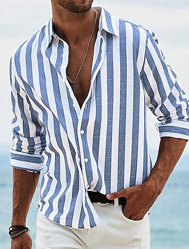  Herren Hemd Leinenhemd Sommerhemd Strandhemd Baumwoll-Leinen-Hemd Gestreifte Hemden Gestreift Urlaub Hawaiianisch Gelb Rote Blau Grün Langarm Umlegekragen Frühling & Herbst Bekleidung Button-Down