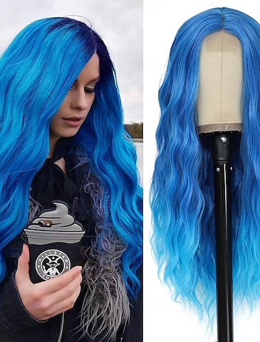  Peruca azul longa perucas onduladas azuis para mulheres parte média peruca azul ombre 26 polegadas peruca sintética encaracolada natural perucas de fibra resistente ao calor para uso diário em festas