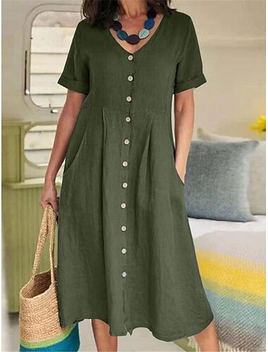  Femmes Vert militaire Noir Blanche Été Printemps Robe Midi Robe Blanche Robes en coton et lin Robe Chemise Basique Moderne Quotidien Week-end Coupe Ample Uni Col en V