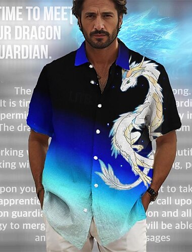 ドラゴンガーディアン×ルー |メンズ ドラゴン ロング 神話上の生き物 ダーク スタイル シャツ 半袖