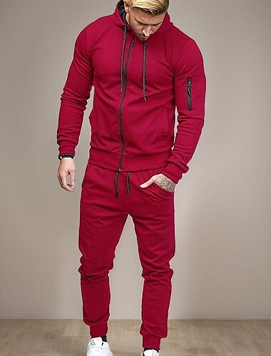  Voor heren Trainingspak sweatsuit Hoodie met volledige rits Joggingpakken Zwart Wijn Leger Groen Marineblauw Donkergrijs Capuchon Effen Kleur Vetoketju 2-stuks Sport & Outdoor Dagelijks Fitness Katoen
