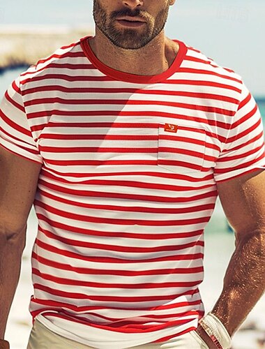  Hombre Camiseta Camiseta superior Mangas cortas Cuello Barco Verano A Rayas Moda Design Básico Bolsillo delantero Vacaciones Calle Noche Negro Rojo Azul Marino Camiseta superior para hombre