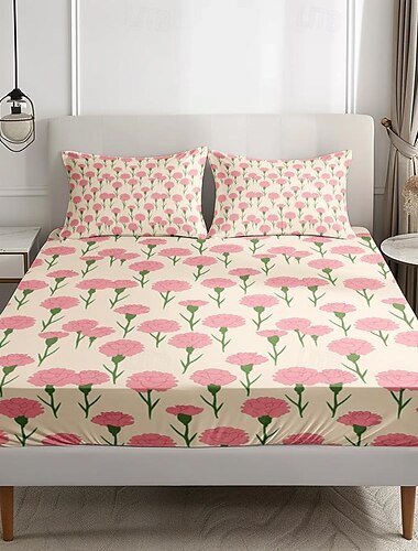  Spannbettlaken-Set „Happy Mother's Day“, 100 % Baumwolle, rosa Frühlingsmuster, ultraweiche, atmungsaktive, seidige Bettwäsche, tiefe Taschen, 3-teiliges Queen-King-Size-Bett