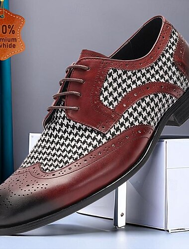  menns kjole sko derby brogue vin rød klassisk houndstooth skinn italiensk fullnarvet okseskinn snøring