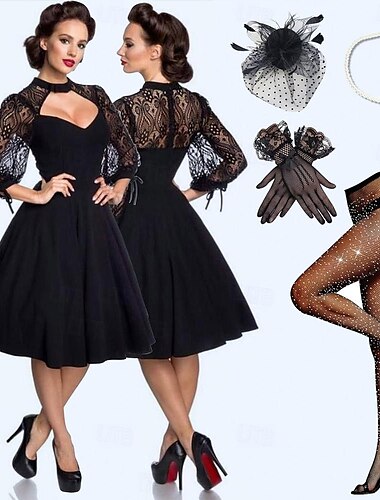  Conjunto con vestido rockabilly retro vintage de los años 50, vestido de corte A, vestido con vuelo, costura trasera, cintura alta, medias, tocado brillante, disfraz de fiesta, sombrero, guantes, 3