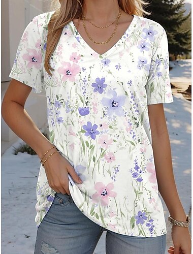  Damen T-Shirt Mode Blumendruck Kurzarm Normale Oberteile V-Ausschnitt Casual Urlaub Weiß Sommer