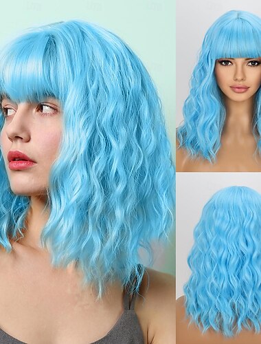  Perucconi Corti Ondulati Blu con Frangia per Donne Peruccone Sintetico Blu Chiaro Ombre Spalla Cosplay per Ragazze Costumi Colorati Perucconi di Halloween