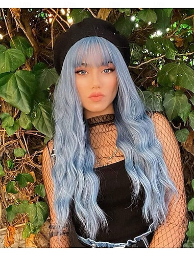  Perruque Bleue Longue Femmes Longue Peluca Ondulée Fluffy Bouclée Fibre Synthétique Réaliste Fun Frange Couleur Bleue Claire Perruque de Filles Perruques Halloween
