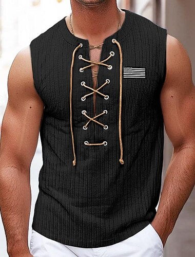  Voor heren Singlet Vest Top Onderhemd Mouwloos shirt Mouwloos V-hals Zomer Effen Amerikaanse vlag Pitstrook Modieus Ontwerper Spier Veters Buiten Uitgaan Sportschool Zwart Wit blauw Top T-shirt voor