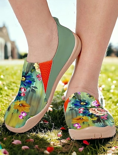  Γυναικεία Αθλητικά Παπούτσια Χωρίς Τακούνι Slip-Ons Παπούτσια εκτύπωσης Πάνινα παπούτσια Καθημερινά Ταξίδια Φλοράλ Ζωγραφιά 3D Επίπεδο Τακούνι Διακοπές Καθημερινό Ανατομικό Πανί Μοκασίνια Πράσινο