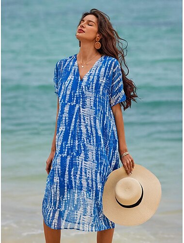  Damen Midikleid Tunika-Kleid Strassenmode Stilvoll Maxi Urlaub Strasse Festtage Lockere Passform Batik Kurzarm V Ausschnitt Blau Sommer