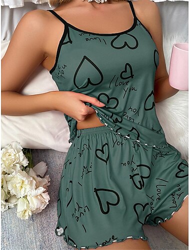  Damen-Schlafanzug-Set zum Valentinstag mit Herzmotiv, modisch, bequem, für den Valentinstag, täglich, Satin-Seide, atmungsaktive Träger, ärmelloses Trägertop, Shorts, rückenfrei, elastische Taille,