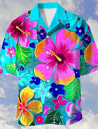  Férfi Virágminta Trópusi virágok Ing Hawaii ing Aloha ing Ing Kubai nyakörv Szabadság Divat Hawaii Szabadtéri Utca Hétköznapi Égszínkék Bíbor Sötétkék S M L