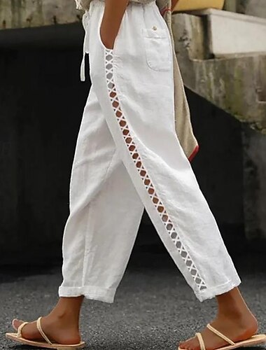  Damen Hose aus Baumwollleinen Hosen Hose Alltagstauglich Knöchellang Einfach Kordelzug Seitentaschen Ausschnitt Atmungsaktivität Bequem Unelastisch Ausgehen Wochenende Blau Weiß Hellgrau Dunkelgray