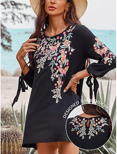  Per donna Mini Abito Abito nero Abito da Cocktail Abito Formale Abito messicano Classico Boho Quotidiano Vestibilità comoda Floreale Manica Lunga Girocollo Nero Estate Primavera