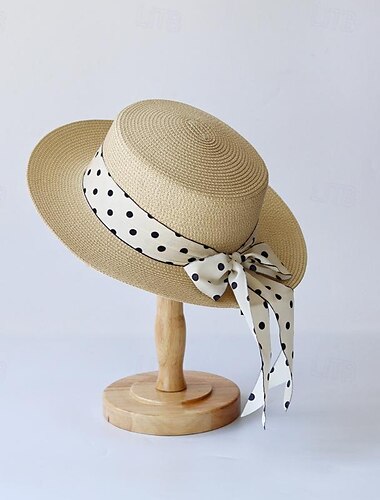  Retro Vintage 1950er Rockabilly Sonnenhut aus Stroh Tupfen Damen Halloween Maskerade Urlaub Alltagstauglich Strand Erwachsene Hut