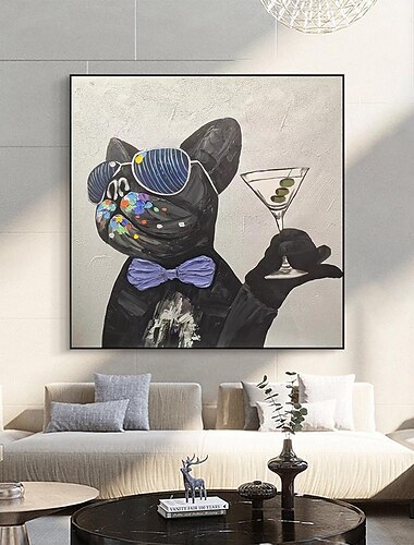  Pintura al óleo abstracta de bulldog francés sobre lienzo, pintura divertida pintada a mano para mascotas, obra de arte moderna, pintura para decoración de pared de salón, pintura artística de pared