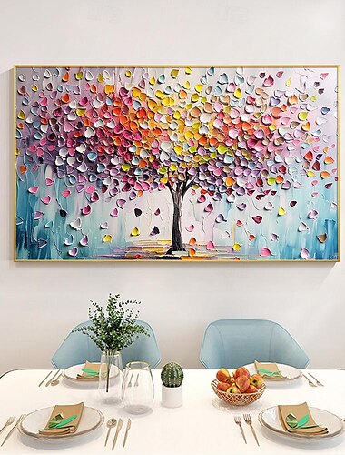  Cuchillo de paleta grande pintura de árbol arte de pared pintado a mano pintura al óleo de árbol colorido abstracto moderno sobre lienzo textura rica pintura de árbol colorido para decoración de pared
