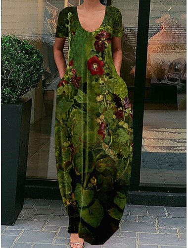  Mujer Vestido informal Vestido de cambio Flor Bolsillo Estampado Escote en Pico Vestido largo maxi Casual Diario Manga Corta Primavera Otoño