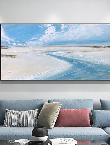  Handgefertigtes, originales, minimalistisches Ozean-Ölgemälde auf Leinwand, Wandkunst, Dekor, blauer Himmel, abstraktes Gemälde für die Inneneinrichtung, mit gespanntem Rahmen/ohne Innenrahmen-Gemälde