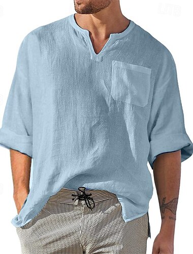  Herren Hemd leinenhemd Hemd aus Baumwollleinen Lässiges Hemd Glatt Hawaiianisch Festtage Schwarz Blau Khaki Grau Langarm V Ausschnitt Frühling & Herbst Bekleidung Sexy