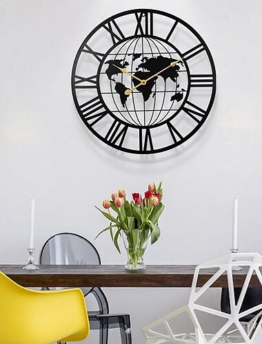  Wall Clock Iron Round Office Clock Creative Map Personality Mute Hanging Watch Nordic Living Room Clock Home Decor 60 cm