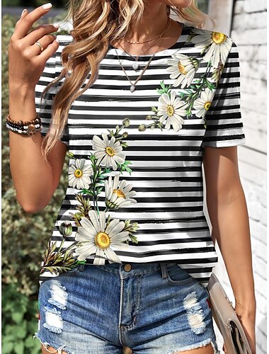  Damen T-Shirt Gänseblümchen Floral Streifen Druck Rundhalsausschnitt Kurzarm Lässiges Sommeroberteil Reguläre Passform Mode Tee Schwarz Weiß Gelb