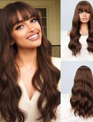  Synthetic Wig Natural Wave Neat Bang Wig 24 inch sepia Synthetic Hair Women's Brown