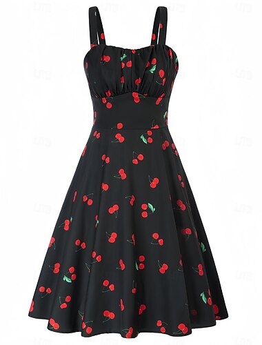  Retro / vintage Lata 50. Rockabilly Do kolan Sukienka Sukienka huśtawka Rozkloszowana sukienka Kantar Kwiaty Owoc Truskawkowy Damskie Herbaciane przyjęcie Codzienne Wieczór panieński Doroślu Sukienka