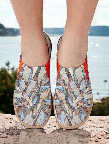  Γυναικεία Αθλητικά Παπούτσια Χωρίς Τακούνι Slip-Ons Παπούτσια εκτύπωσης Πάνινα παπούτσια Καθημερινά Διακοπές Ταξίδια Γεωμετρικό Συνδυασμός Χρωμάτων 3D Επίπεδο Τακούνι Διακοπές Καθημερινό Ανατομικό