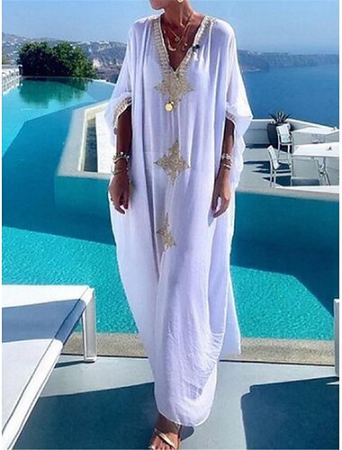  robe blanche Robes bohème chic Robe bohème blanche Femme Robe Maxi Brodée Vacances Plage Bohême Col V Demi Manches Standard Noir Blanche Taille unique