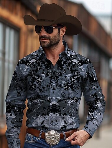  Homme Camouflage Chemise Western Chemise de cow-boy manche longue ancien Style Western Tribal Extérieur Vacances Course de Chevaux Printemps & Été Col Rabattu Imprimé Boutonné bleu marine Vert