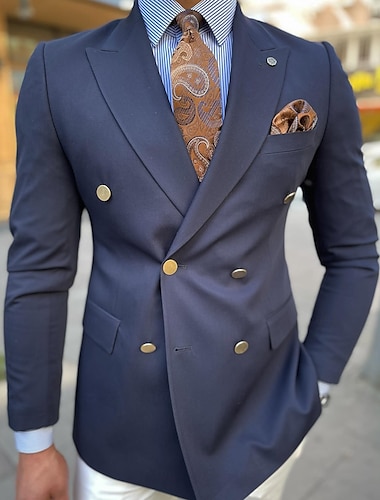  Blazer décontracté de bureau pour hommes Coupe régulière Uni Taille ajustée À double boutonnage Six boutons Vert armée Noir Blanc Bleu marine