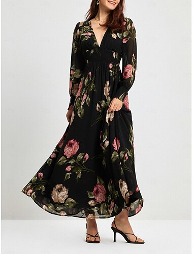  فستان ماكسي من الشيفون بطبعات الأزهار على الخصر