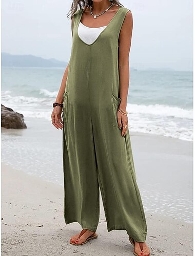  Dames Normaal Al met al Streetwear Effen Kleur Mouwloos V-hals Zak Straat Dagelijks Normale pasvorm Zwart Blozend Roze Groen Zomer