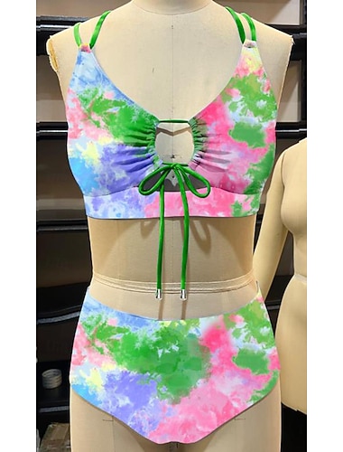  dámské soupravy bikin s vysokým pasem plavky s kontrolou bříška color block dvoudílné plavky se stahovací šňůrkou