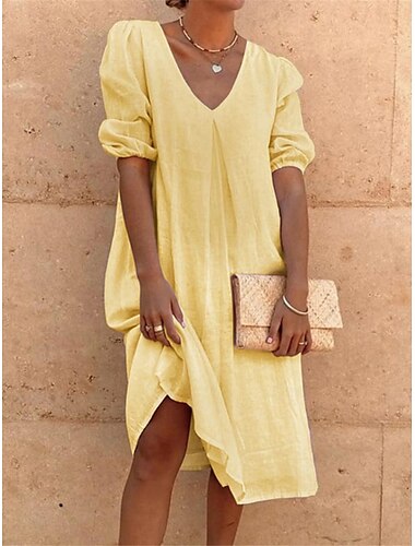  Damen Schwarz Weiß Gelb Sommer Frühling Midikleid Weißes Kleid Baumwoll-Leinen-Kleider Hemdblusenkleid Basic Modern Täglich Wochenende Lässiger Schnitt Einfach V Ausschnitt