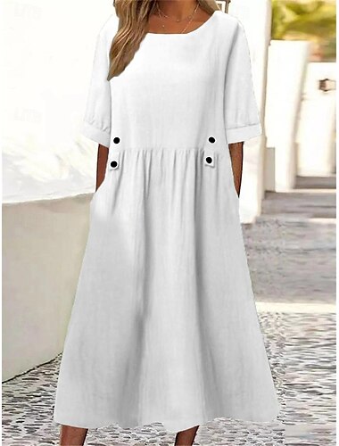  Mujer Vestido blanco Vestido informal Vestido de lino de algodón Vestido Midi Botón Bolsillo Básico Diario Cuello Barco Media Manga Verano Primavera Blanco Morado Plano