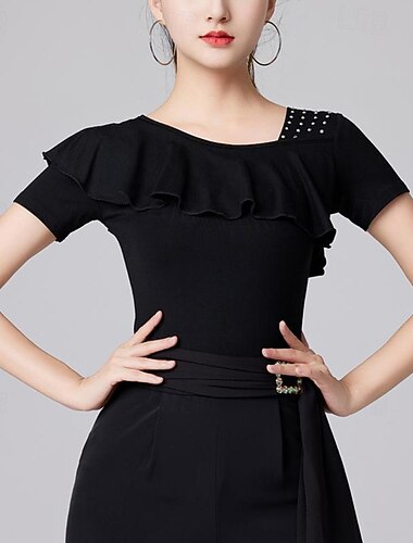  الرقص اللاتيني رقص الصالة بلايز لون نقي ربط كريستال / أحجار الراين نسائي أداء التدريب كم قصير ارتفاع عال مودال