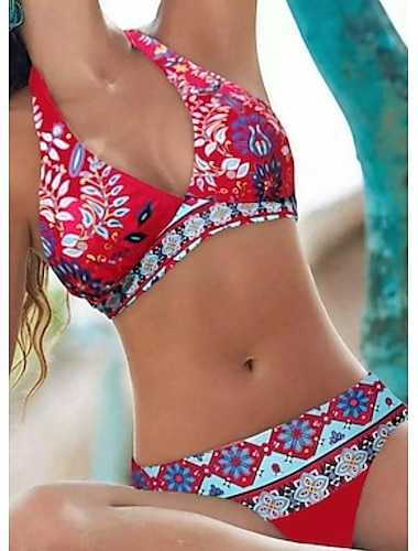  Per donna Costumi da bagno Bikini 2 pezzi Costumi da bagno Costume da bagno All'americana 2 pezzi Sexy Floreale Stampa Spacco a V Abbigliamento mare Vacanze Costumi da bagno