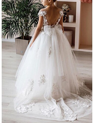  Ballkleid Boden-Länge Blumenmädchenkleid Erstkommunion Mädchen Süßes Ballkleid Spitze mit Schärpe / Band Boho Ballettröckchen Fit 3-16 Jahre