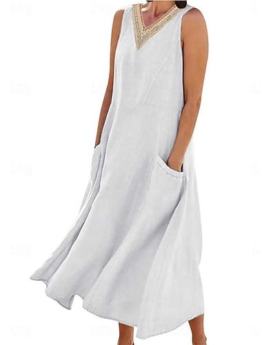  Mujer Vestido blanco Vestido de lino de algodón Vestido de Columpio Vestido largo maxi Bolsillo Básico Diario Escote en Pico Sin Mangas Verano Primavera Negro Blanco Plano