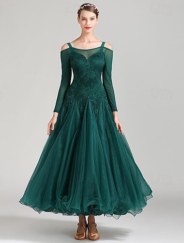  Dámské elegantní smaragdově zelené šaty na společenský tanec s krajkovou aplikací, odhalená ramena a dlouhý rukáv, valčík, tango, moderní rumba, soutěžní šaty pro vystoupení