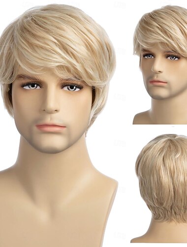  Peruca masculina curta loira peruca curta em camadas de cabelo sintético para cosplay masculino anime peruca de halloween