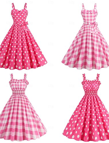  Retro Vintage Anos 50 Rockabilly Vestidos Vestido swing Xadrez Guingão Bolinhas Mulheres Carnaval Baile de Máscaras Dia a Dia Festa de Solteira Adulto Vestido Vestidos de baile