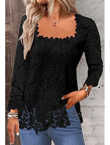  Dames Overhemd Kanten overhemd Blouse Oogje top Kant Effen Modieus Vierkante hals Dagelijks Straat blauw Zwart Wit Blozend Roze Rood Lente & Herfst