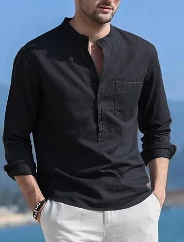  Homme Chemise Chemise Lin Chemise en lin et coton Chemise en coton blanc Chemise à col chinois Chemise à col mao Plein Vacances Hawaïen Noir Blanche bleu marine Bleu manche longue Col Mao Printemps