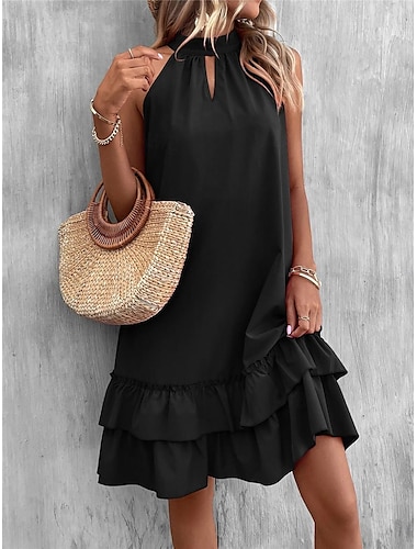  نسائي فستان اسود فستان قصير كشكش مواعدة عطلة صلب أساسي الرقبة الرسن بدون كم أسود اللون